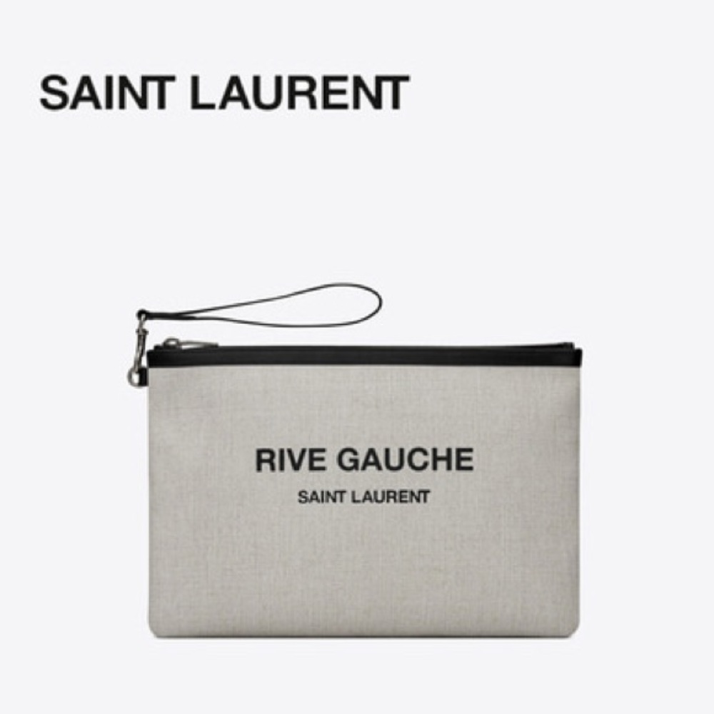 Saint Laurent Rive Gauche Canvas Clutch Pouch Black Leather Trim Wristlet EUC
